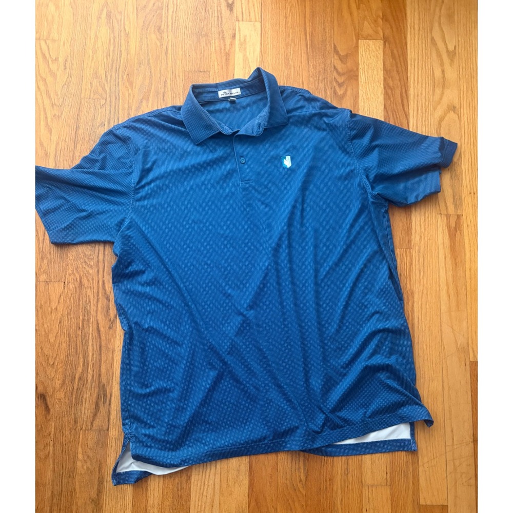 Peter Millar Mens XL Blue Micro Dot Performance Golf Polo Shirt Swan Crest Logo